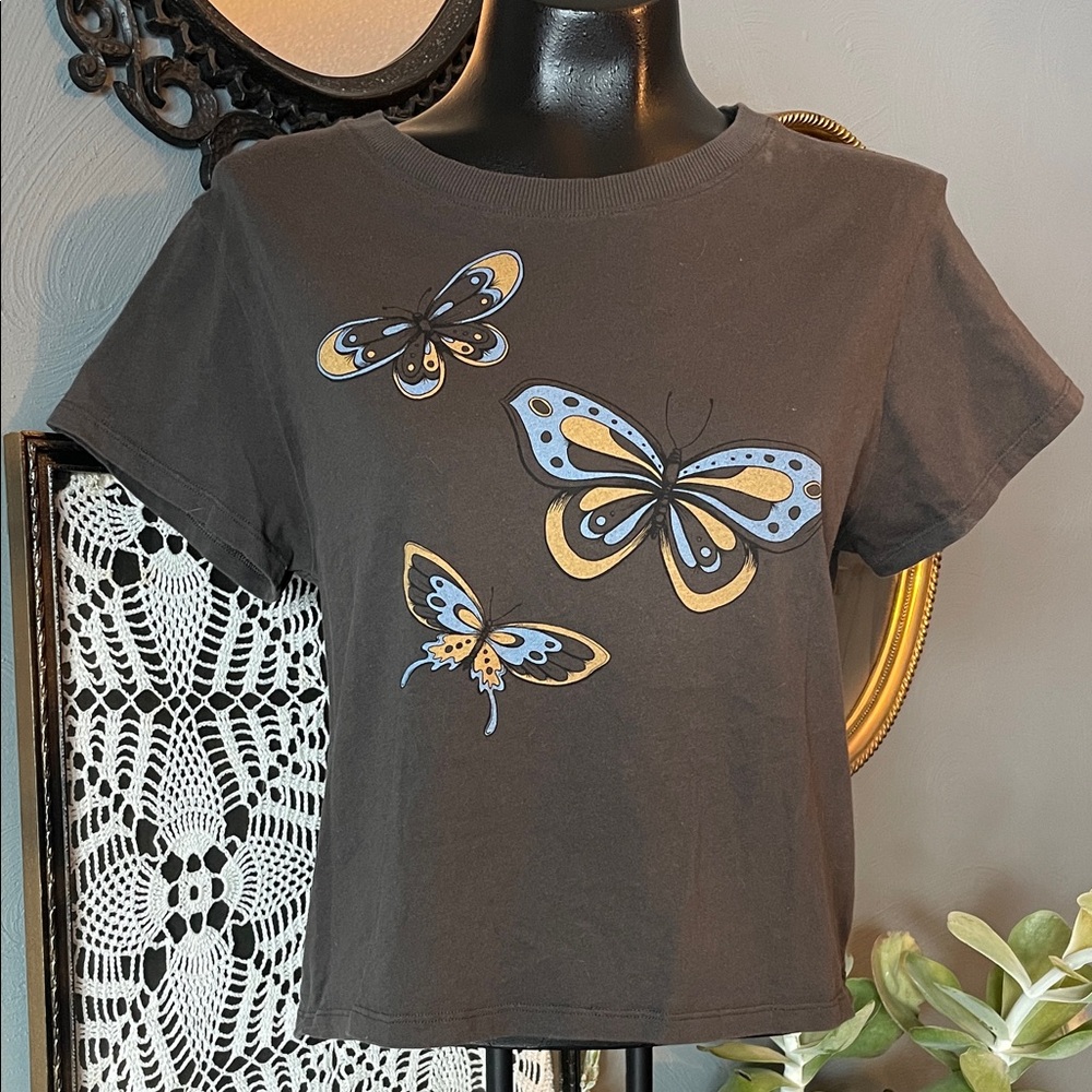 American Eagle Outfitters Black Crop Top with Butterfly Design